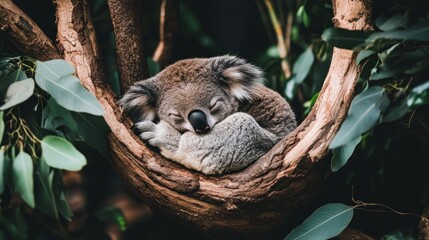 A sleeping koala nestled in a tree, surrounded by lush green leaves.