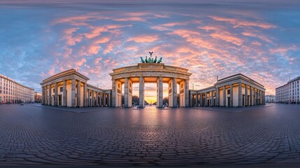 Naklejka premium 360-degree panoramic view of the Brandenburg Gate in Berlin at sunrise.