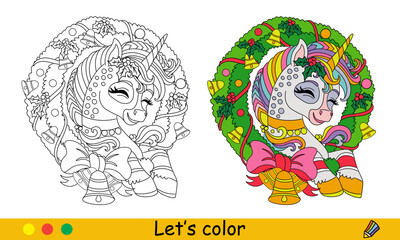 Kids coloring cute unicorn in a Christmas wreath vector © alinart