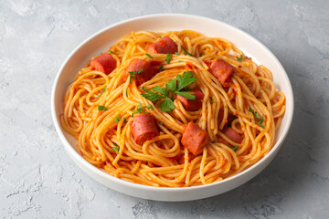 Spaghetti pasta with sausage - octopus spaghetti - Turkish name; sosisli spagetti