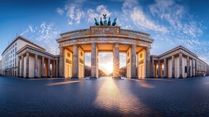 Naklejka premium Brandenburg Gate in Berlin at sunrise, low-angle shot.