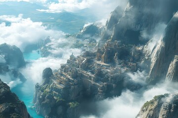 A Breathtaking Aerial View of an Ancient Mountain City Surrounded by Lush Greenery and Mystical Clouds