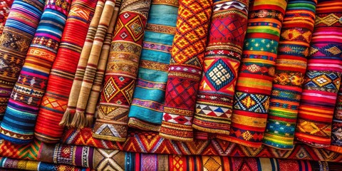 Colorful Handwoven Fabric with Intricate Patterns in Warm Tones - Vibrant Textiles, Artisanal Craftsmanship, Traditional Weaving, Textile Patterns, Cultural Heritage