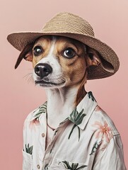Female dog in a button-down shirt and a sun hat on a blush pink background.