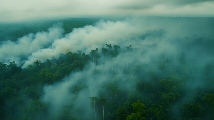 Fototapeta premium Aerial view of smoke rising from a burning rainforest, with dense trees in the background