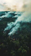 Fototapeta premium Aerial view of smoke rising from a burning rainforest, with dense trees in the background