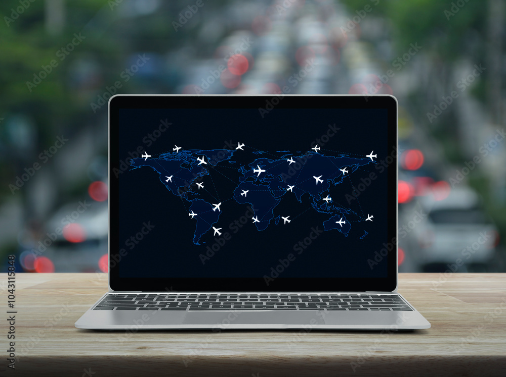 Poster flight routes airplanes connection and world map on laptop computer screen on table over blur of rus