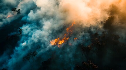 Fototapeta premium Aerial view of smoke rising from a burning rainforest, with dense trees in the background