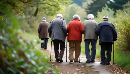 A serene stroll elderly individuals walking together in nature emphasizing connection and companionship in their golden years