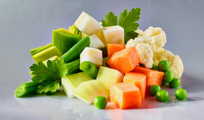 Suppengemüse, Gemüsewürfel, Möhren, isoliert, gesund,