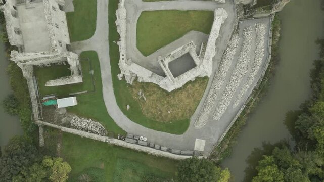 Above View Of Desmond Castle Ruins And Deel River In Askeaton Town, Ireland. Aerial Shot