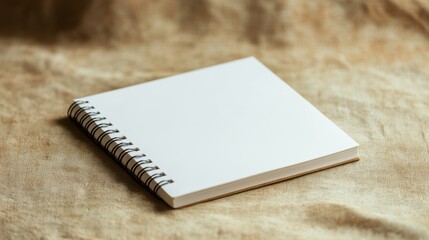 Fototapeta premium Blank white spiral notebook on brown fabric background.
