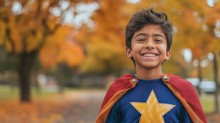 A cheerful Hispanic boy in a superhero costume stands in a vibrant park filled with autumn colors. He smiles delightfully showcasing his playful spirit during a sunny day outdoors