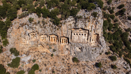 Rock-cut temple tombs in Kaunos Dalyan - Turkey (Turkish name; kaya mezarlari) Ancient city of...