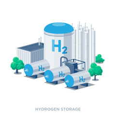 Hydrogen storage tanks facility power plant. Blue, green, grey hydrogen gas production process. Factory technology with pipeline equipment. Flat isolated vector illustrations on white.