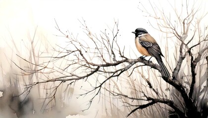 A solitary bird perched on a bare branch, gazing out at the winter landscape, a silent sentinel of the season. Watercolor Illustration. Drawing. Art. 2
