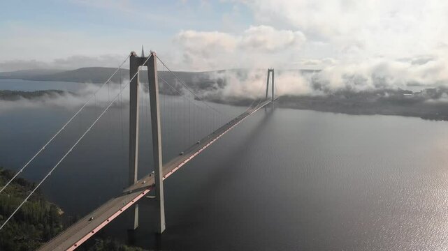 High coast bridge in Sweden aerial view. Flying towards