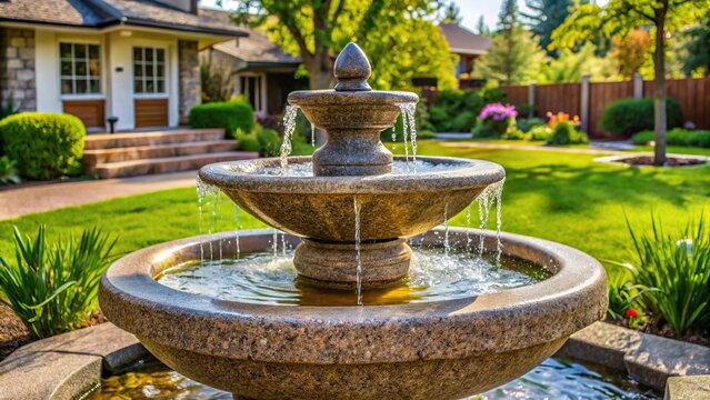 granite water fountain in backyard of residential house