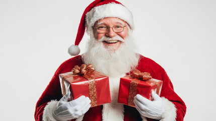 Naklejka premium Santa Claus in Christmas hat costume hold red shiny gift box with ribbon bow on white background shimmering glistering with copy space