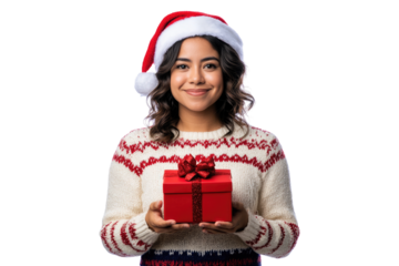 Happy Hispanic woman wearing Christmas sweater and Santa hat holding a gift isolated on a transparent background