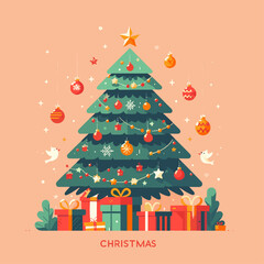 flat vector Christmas tree with gifts