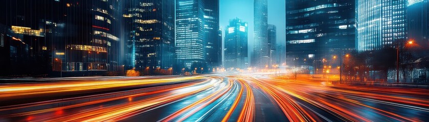 Fototapeta premium ** .Vibrant Night Cityscape with Blurred Traffic Lights and Modern Skyscrapers Illuminated in Blue and Orange Hues..**