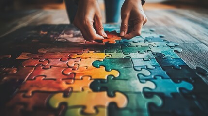 The Final Piece: Hands carefully placing the last puzzle piece, completing a vibrant, colorful jigsaw puzzle on a rustic wooden surface. A visual metaphor for problem-solving, collaboration.
