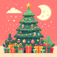 flat vector Christmas tree with gifts
