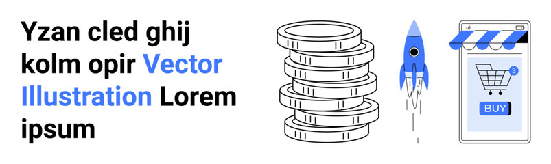 Stack of coins, a launching rocket, and a mobile screen with a shopping cart into banner. Ideal for online retail, e-commerce strategies, financial investment, business growth, technology innovation