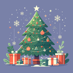 flat vector Christmas tree with gifts