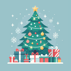 flat vector Christmas tree with gifts