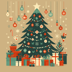 flat vector Christmas tree with gifts