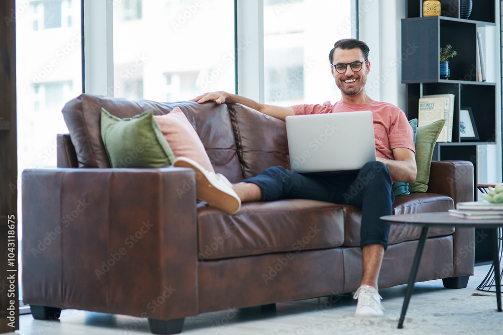 Poster Couch, laptop and remote work with man, smile and relax with creative web design for company homepage. Freelancer, working and technology with content creation and ux update with email and online job
