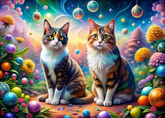 Colorful Surreal Photography of Two Elegant Calico Cats Sitting Side by Side in a Dreamlike Landscape with Vibrant Colors and Whimsical Elements