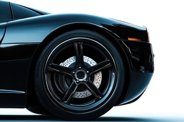 A black sports car with a close-up on the wheel, set against a white background.