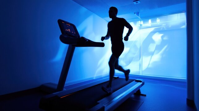 A silhouette of a person running on a treadmill in a room with blue lighting, highlighting an active lifestyle and modern exercise equipment.