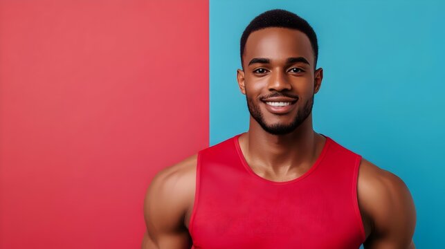 Confident and charismatic African American man in his 30s wearing a red tank top and smiling warmly against a vibrant blue and red background,conveying a sense of energy,positivity. - Powered by Adobe