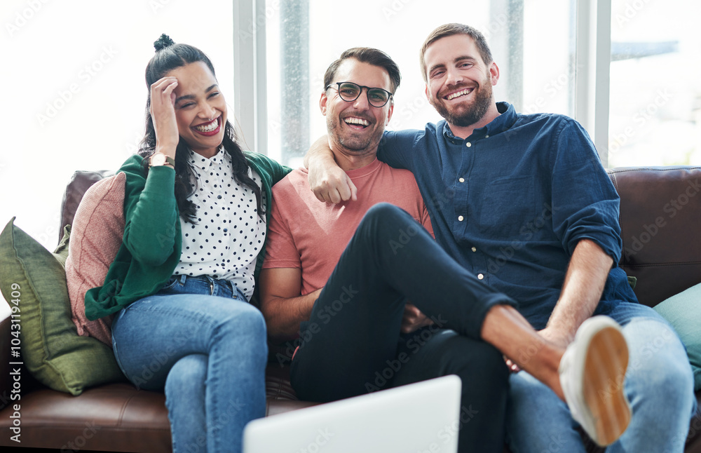 Poster business people, laughing and portrait on sofa with contact us, laptop and web designer team. tech, 