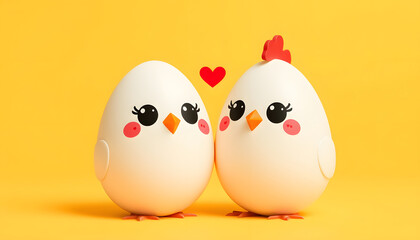 Happy loving couple of chicken eggs faces with heart on yellow background isolated with white highlights, png