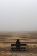 Solitary Figure on Bench Overlooking Vast Foggy Landscape in Serene and Minimalist Setting