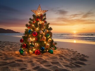 christmas tree decoration with christmas ornament and light tube on the beach