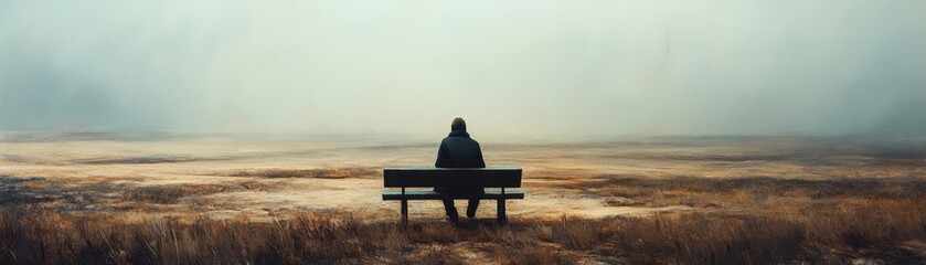 ** Solitary Figure on Bench in Foggy Landscape Capturing Serenity and Contemplation in Nature's Vastness..**