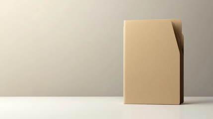 A closed brown folder on a white table against a light gray background.