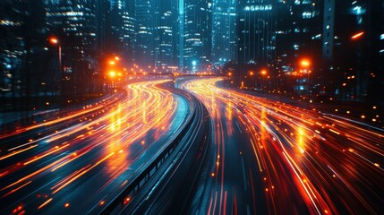 Fototapeta premium Dynamic Night Cityscape with Vibrant Light Trails and Skyscrapers Illuminated Against a Dark Urban Skyline