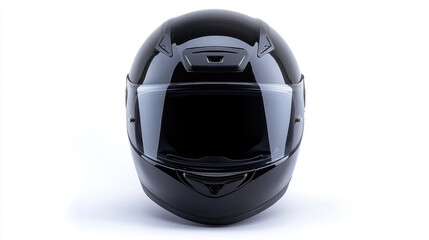 A black motorcycle helmet with a clear visor sits on a white background. The helmet is sleek and...