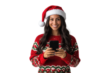 Happy Hispanic woman wearing Christmas sweater and Santa hat using smartphone isolated on a transparent background