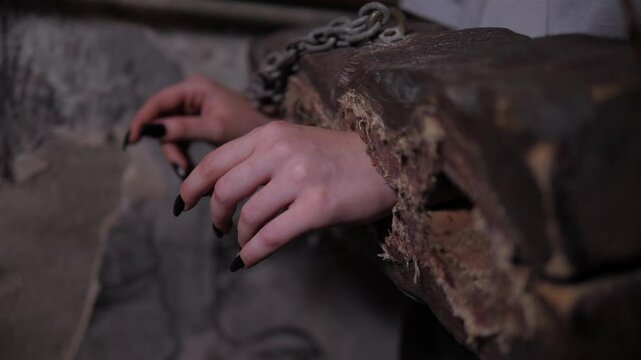 Close-up of a young woman's hands in antique wooden shackles with a chain in a dark room. Quest room with creepy tasks for adults. A room of fear or horror.