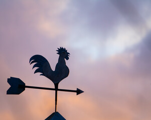 Weather vane on the roof against the backdrop of sunset