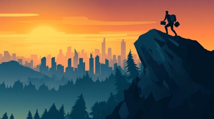 Fototapeta premium Conquering New Heights: A silhouette of a determined hiker stands atop a mountain peak, overlooking a breathtaking cityscape at sunset. A powerful image representing ambition, achievement.