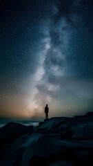 Fototapeta premium A silhouette of a person standing on a rocky surface under a starry night sky, with the Milky Way shining brightly above, creating a serene and contemplative atmosphere.